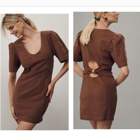 Anthropologie Brown Sheath Dress with Puff Sleeves and Cutout Back‎ - Picture 1 of 6